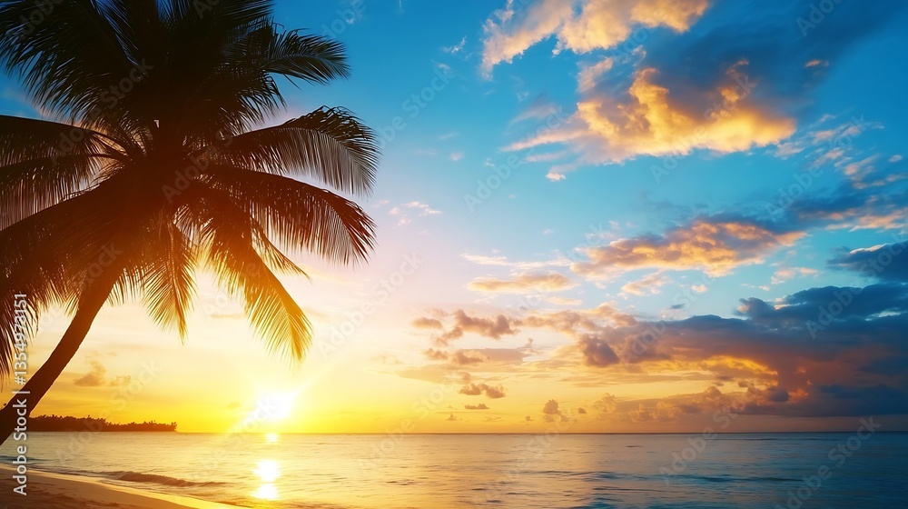 Poster gorgeous tropical beach at sunset with a silhouette of palm trees creating a serene island vibe : ge