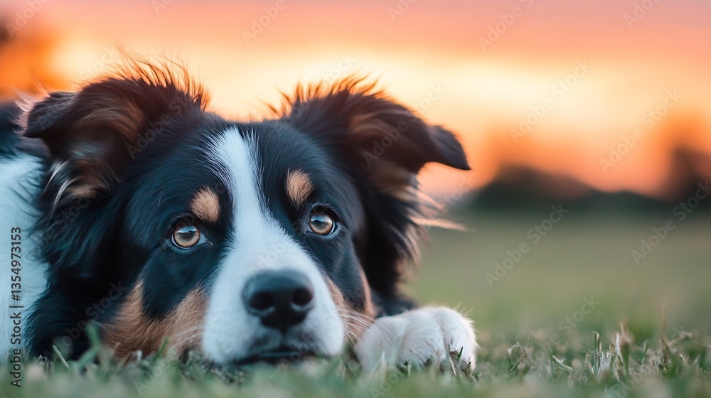 Poster closeup portrait of a calm dog resting on grass during sunset : generative ai