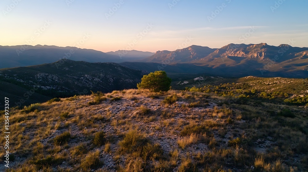 Poster stunning sunset view from a hilltop showcasing lone tree and rugged mountain landscape : generative 