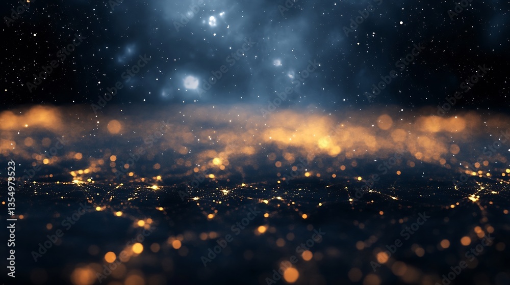 Poster stunning abstract background of twinkling golden particles on a deep blue surface with cosmic elemen