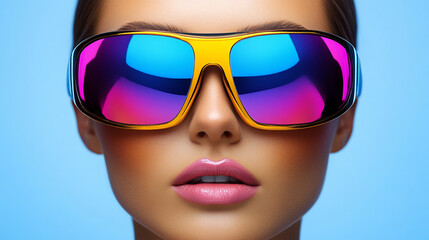 A beautiful woman in a sci-fi neonpunk style, wearing futuristic VR eyewear and reflective goggles. Represents artificial intelligence, virtual reality, and metaverse technology concepts.

