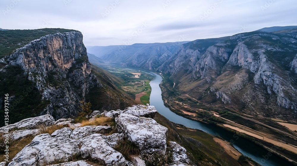 Poster breathtaking view of mountains with a winding river cutting through the valley : generative ai