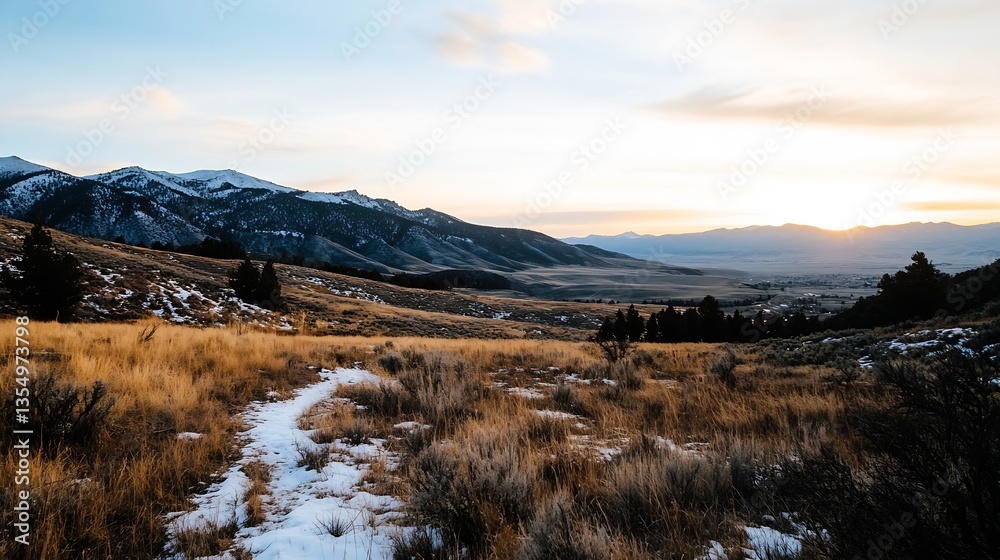 Poster majestic mountain range under a colorful sunset with open fields in the foreground showcasing nature
