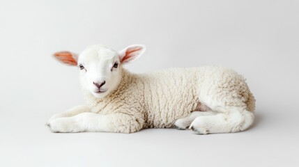 Fototapeta premium Studio shot of a lying lamb against a plain background. Ideal for children's books or animal-themed publications.