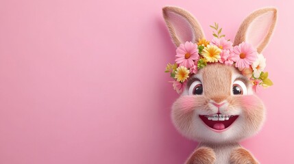 Naklejka premium Funny cartoon bunny with flower crown, wearing braces, celebrates Easter in a cheerful and colourful