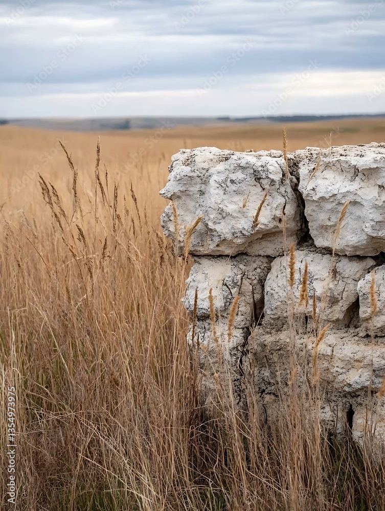 Poster closeup of weathered stone against a backdrop of vibrant golden grass in nature : generative ai