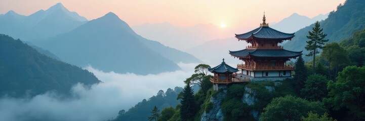 Misty morning in the mountains with a wooden temple, serene, temple