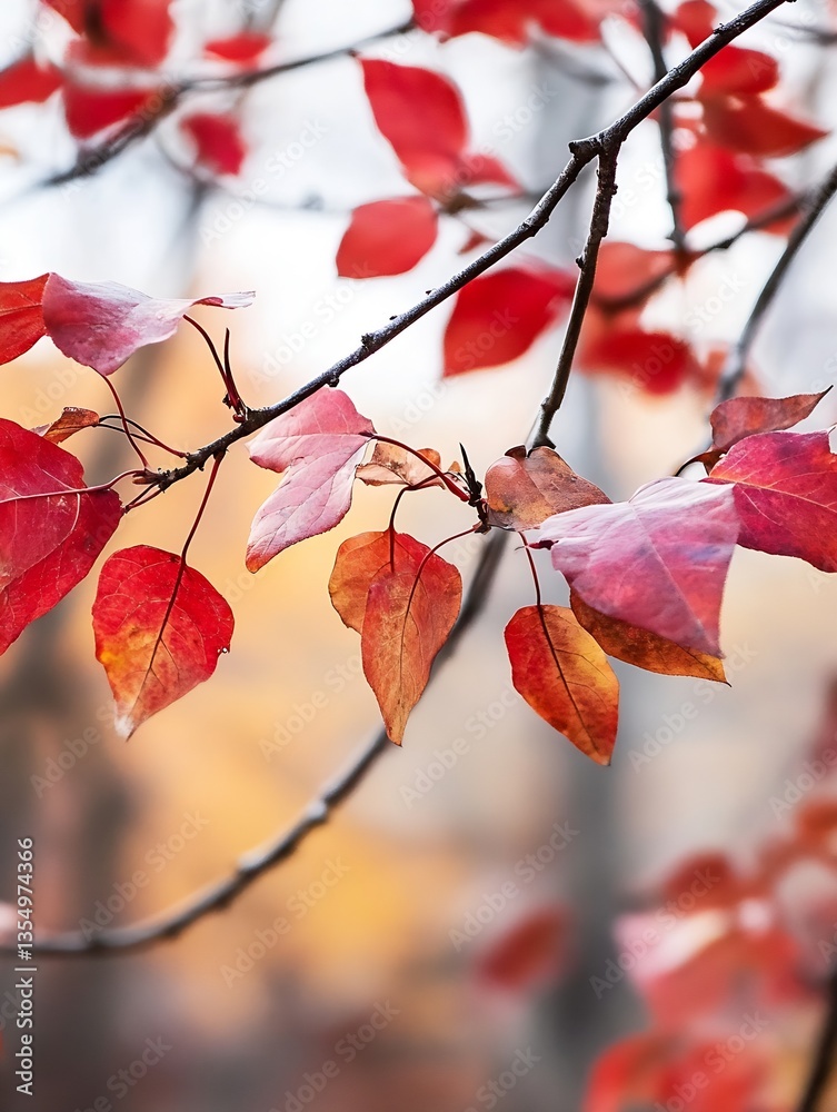 Poster vibrant autumn leaves showcasing a beautiful spectrum of warm colors against a blurred background : 