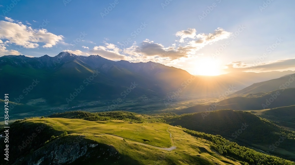 Poster golden hour sunlight illuminating rolling hills and valleys with mountain backdrop : generative ai