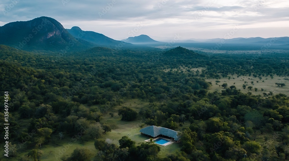Aufkleber Stunning aerial view of a modern house with a pool surrounded by lush greenery and distant mountain scenery : Generative AI
