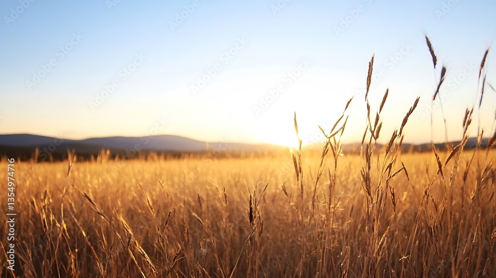 Poster golden wheat field swaying gently in the breeze under a radiant sunset sky with distant mountains : 