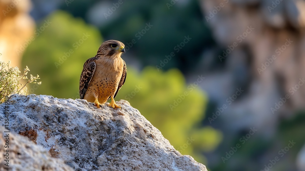 Poster majestic hawk perched on a rock with nature background in soft focus : generative ai