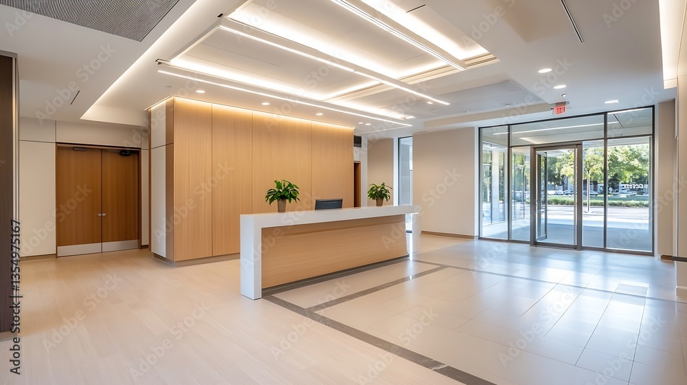 Poster modern and stylish reception area featuring warm wooden tones and large glass windows : generative a