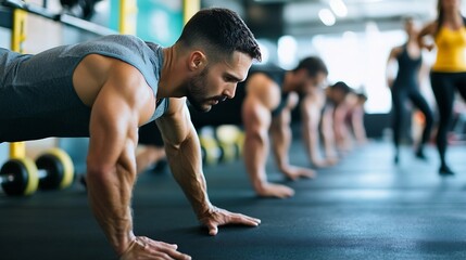 Strong Male Athlete Performing Push Ups in Well Equipped Gym Setting in Daylight : Generative AI