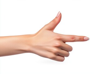 A human hand is positioned to mimic a gun shape, with fingers extended and poised, set against a plain white background.