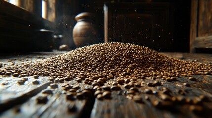 Fototapeta premium Rustic room, coffee beans spilled, dust motes, game asset