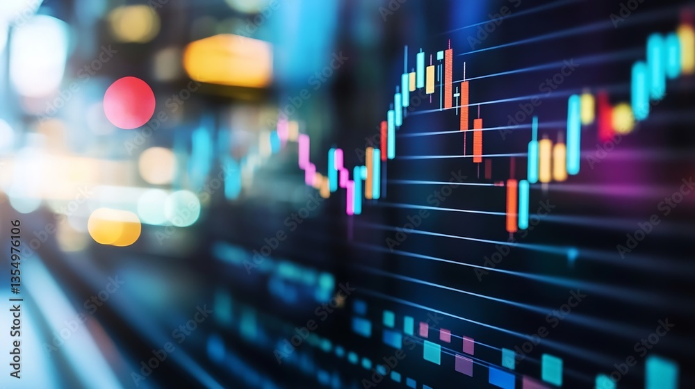 Leinwandbilder Dynamic stock market chart showing vibrant price fluctuations with colorful candlesticks on a digital screen : Generative AI