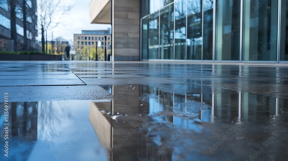 Aufkleber reflections on fresh wet pavement in an urban area showcasing modern architecture and clear skies : 