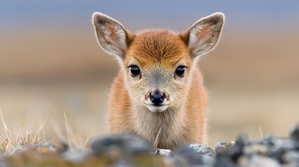 Fototapeta premium Close Up Portrait of a Cute Fawn Looking Directly at the Camera in Nature