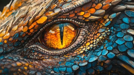 Naklejka premium Close-up macro of a reptilian eye featuring vibrant orange hues and detailed scales, presenting a surreal look. The textured surface and intense colors add a dynamic, lifelike quality, perfect for