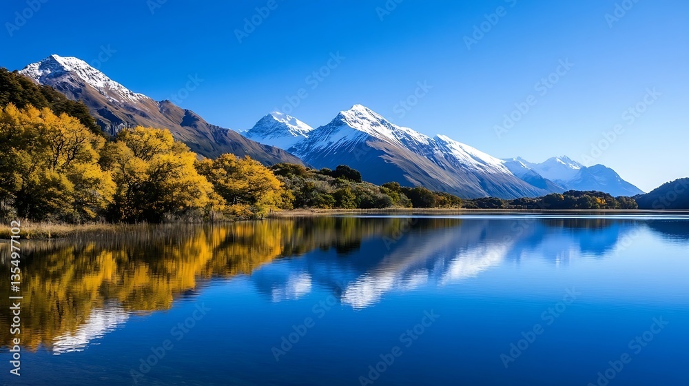 Poster stunning reflection of snowcapped mountains in a tranquil blue lake surrounded by autumn foliage : g