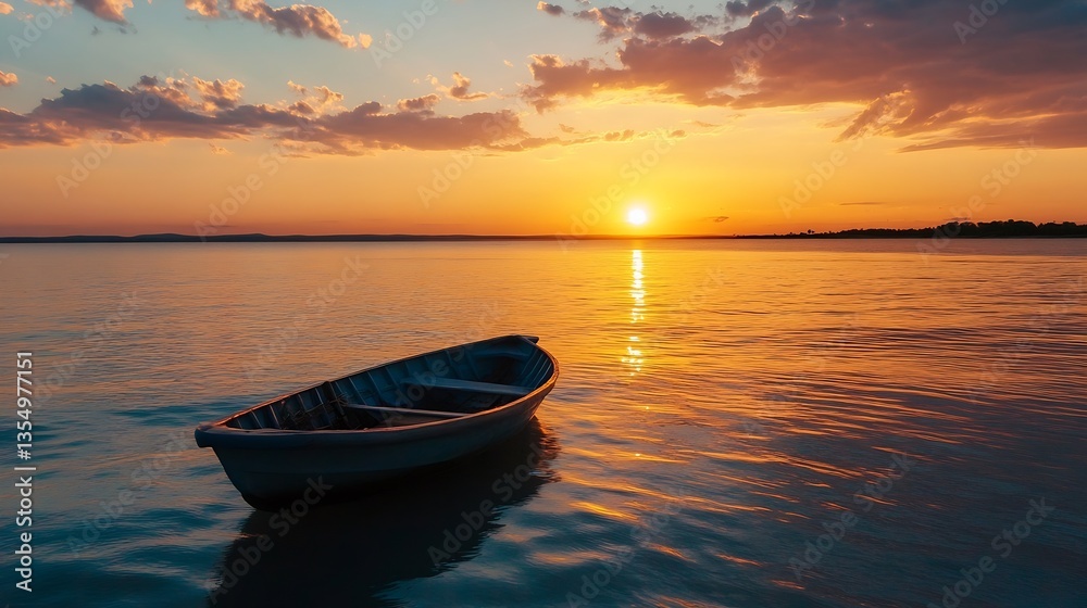 Poster charming wooden boat anchored in calm reflective waters at sunset with a breathtaking view of the ho
