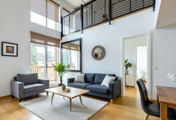 Interior of a modern living room with a white sofa, a wooden table, and a large window with blinds , with a gray wall and wooden floor 