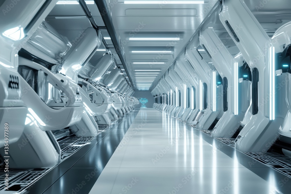 Poster futuristic automated milking station with robotic arms efficiently milking cows in a sleek, modern f
