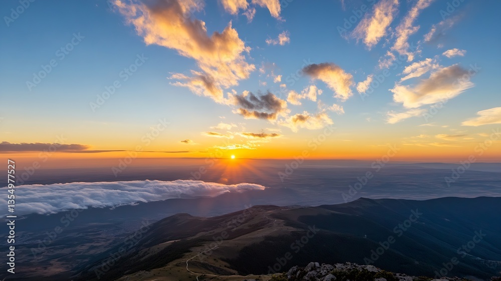 Aufkleber stunning sunset view from a mountain peak with vibrant clouds and golden sunlight illuminating the h