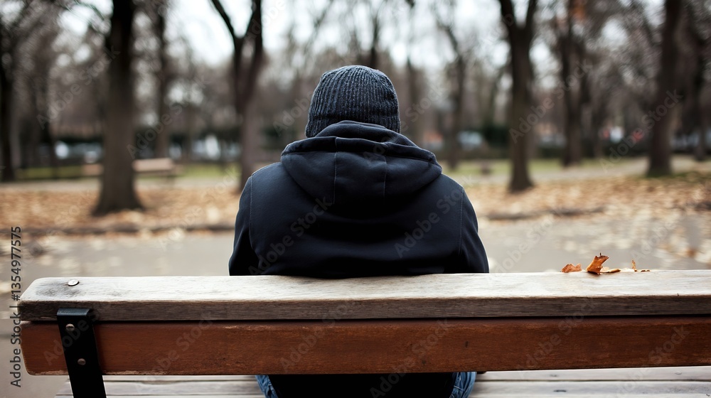 Poster individual with a hooded jacket contemplating life while seated on a park bench during fall : genera