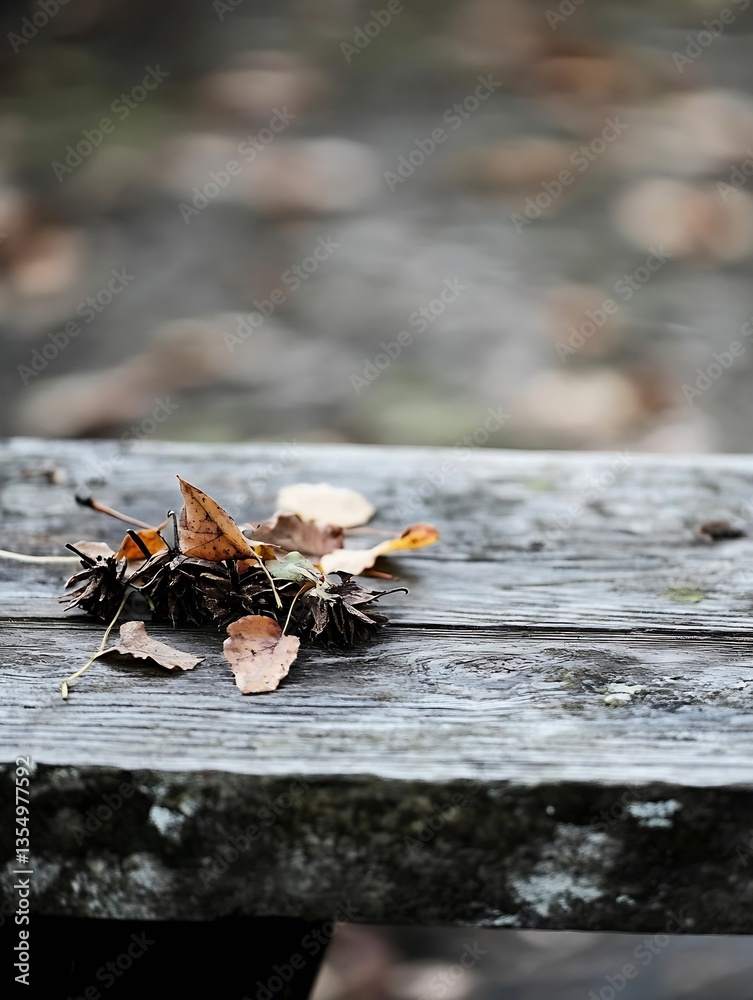Poster Autumn leaves and pine cones resting on a wooden surface in a tranquil natural setting : Generative AI