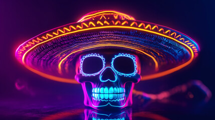 Colorful neon catrina skull donning traditional sombrero, embodying festive mexican cultural fusion with contemporary design