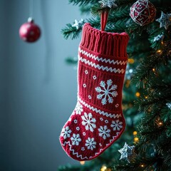 Festive knit stocking with snowflakes hanging from a Christmas tree branch, stocking, garland