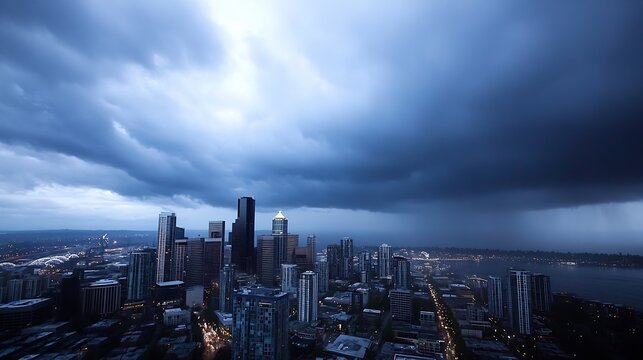 Dramatic skyline of a city with dark storm clouds looming overhead : Generative AI
