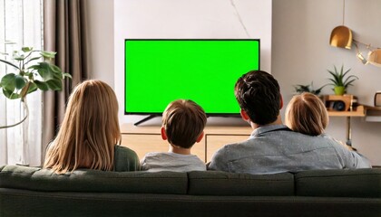 Happy family watch tv in green screen in the living room