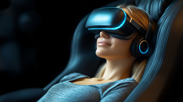 A beautiful woman in a sci-fi neonpunk style, wearing futuristic VR eyewear and reflective goggles. Represents artificial intelligence, virtual reality, and metaverse technology concepts.

