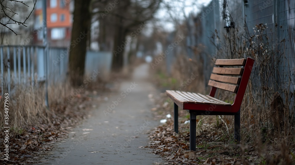Aufkleber lonely park bench surrounded by overgrown grass and trees alongside a quiet path : generative ai