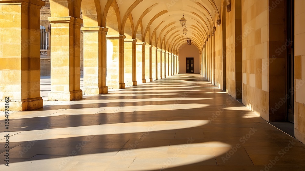 Poster ancient architectural arched corridor with bright sunlight illuminating the stone walls : generative