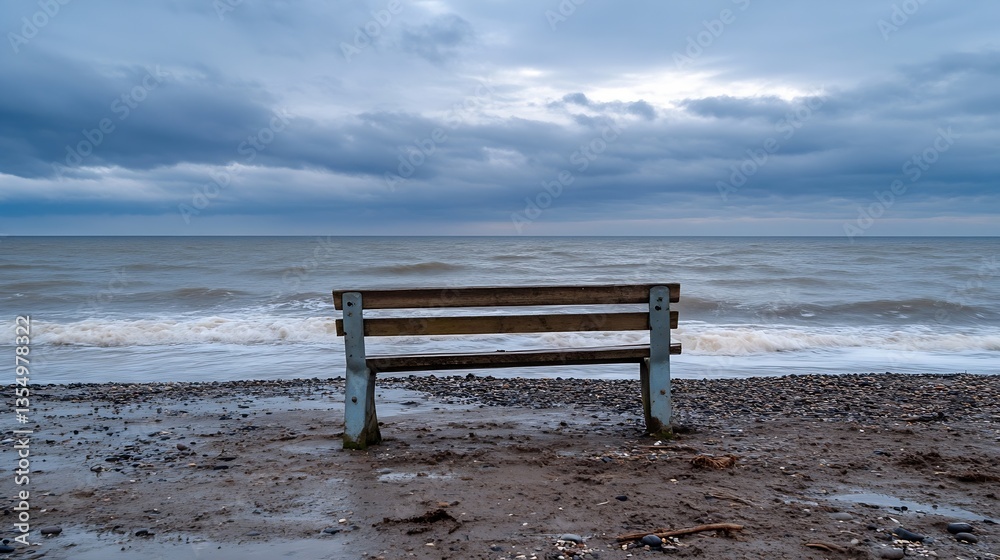 Aufkleber Empty beach bench facing a moody ocean sky with dramatic clouds reflecting solitude and tranquility : Generative AI