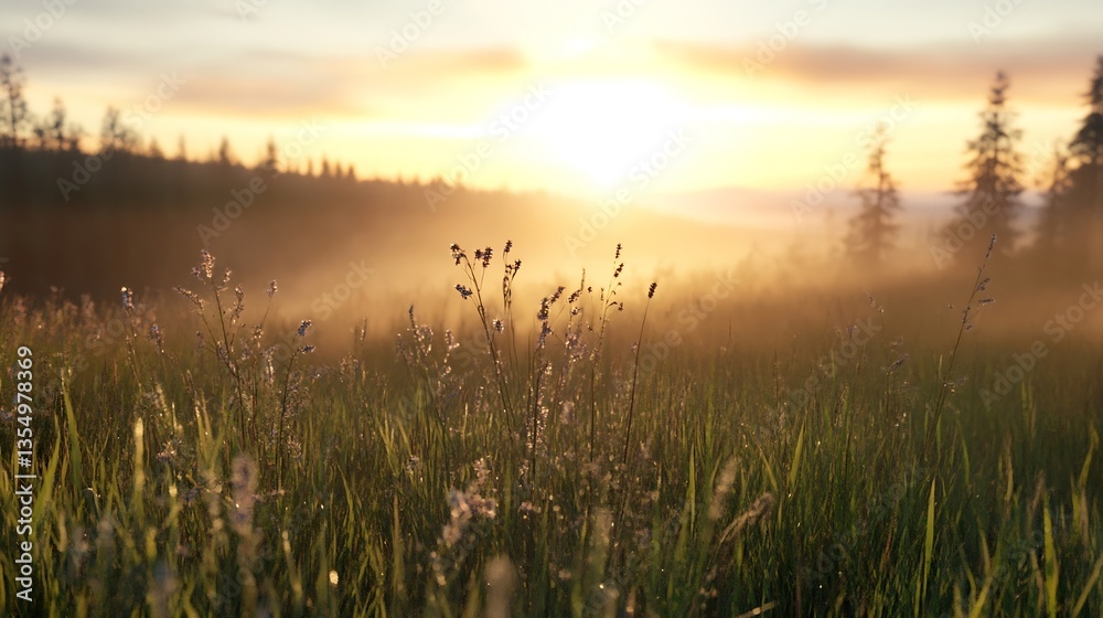 Poster Stunning Sunrise Over a Misty Field with Tall Grass and Trees in the Background : Generative AI
