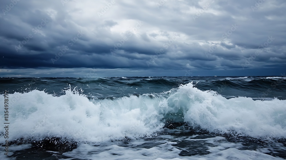 Poster dramatic ocean waves crashing against rocky shore under dark stormy clouds showcasing nature's power