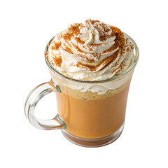 A cup of cappuccino with whipped cream and ice cream topped with chocolate in a cafe setting