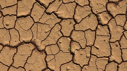 Dry mud cracked ground texture background with small weeds, weathered rock, cracked earth, dry ground