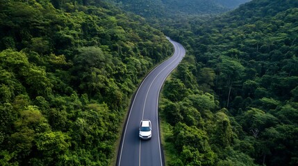 Scenic Aerial View of a Car Driving Through Lush Green Forest Landscape Along a Winding Road : Generative AI
