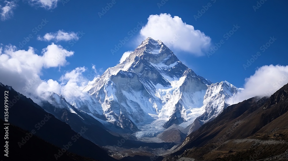 Poster majestic mountain peak rises high into the blue sky surrounded by flowing clouds and stunning landsc