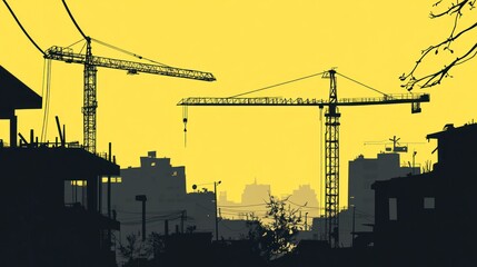 Silhouette city construction cranes sunrise