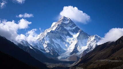 Fototapeta premium Majestic mountain peak rises high into the blue sky surrounded by flowing clouds and stunning landscape : Generative AI