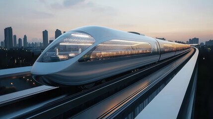 Sleek high-speed train gliding on elevated tracks at sunset, cityscape in the background, futuristic transportation design.