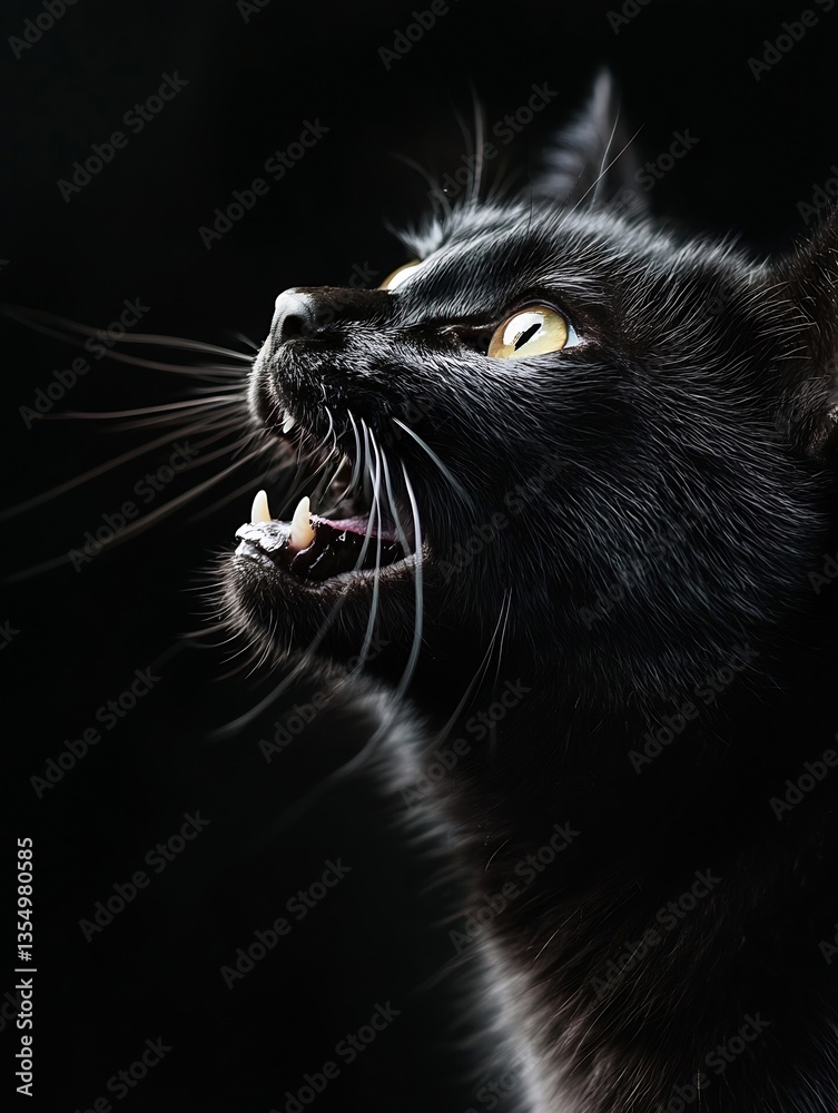 Poster intense closeup of a fierce black cat exhibiting primal behavior against a dark backdrop : generativ
