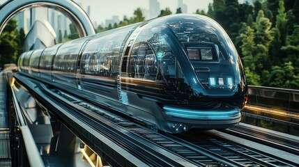 Futuristic high-speed train on elevated tracks, gliding through a modern cityscape, showcasing technological advancement in transportation.